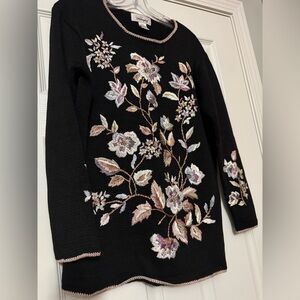 Worthington Black Sweater Elegant Floral Patterns Medium, Embroidered Beaded Vtg